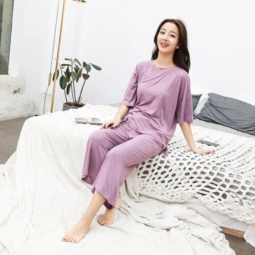 Simple Pijama Women Modal Short Sleeve Ladies Sleepwear Round Neck Plus OneSize Summer Solid Grey indoorwear homewear women
