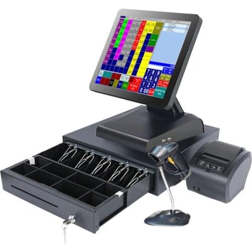 Retail pos system 15 inch touch screen pos machine with printer/ cash drawer/ barcode reader all in one pos terminal