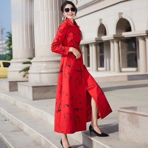 Spring Autumn Trench Coat Double Breasted Print Pockets Long Windbreaker Office Lady Thin Fashion High Quality Overcoat D163