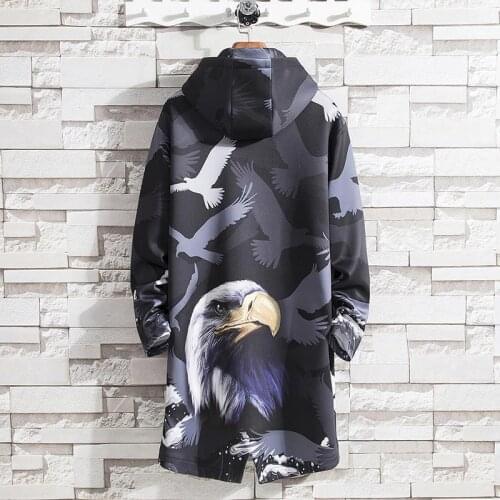 Windbreaker Mens Mid-length Chinese Style Printed Hooded Ukiyo-e Robe Cloak Loose Large Size Casual Jacket