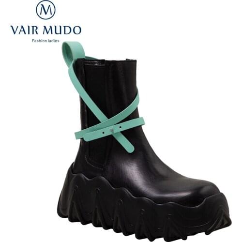 VAIR MUDO Ankle Boots Shoes High Heels Thick Bottom Round Toe Genuine Leather Work & Safety Platform Black Female WM-X159-C
