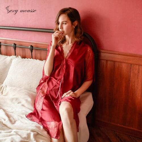 Sexy mousse bathrobe Dressing gowns for women lace pajamas versatile embroidery elegant long cardigan tide dressing-gown sloth