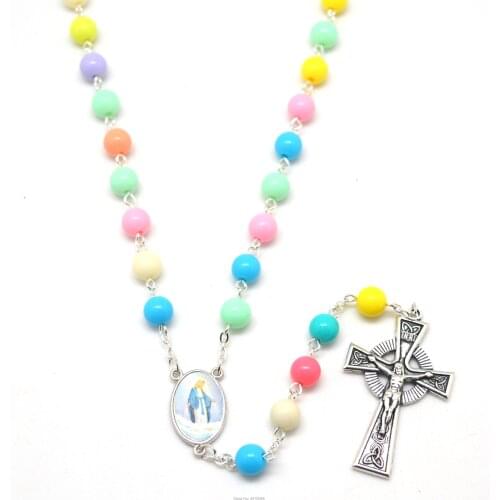 Blue Mary Female Rosary Necklace Religious Catholic Rosaries 8 mm Mixed Color Round Acrylic Beads