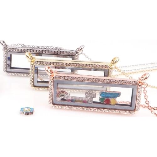 New 10pcs/lot Horizontal rectangle Floating Charm Rhinestone Locket Magnetic Living Glass Memory Locket necklace christmas gifts