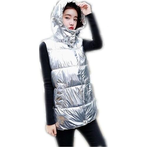 2018 New Arrival Winter Women Bright Down Cotton Waistcoat Female Hooded Sleeveless Fashion Streetwear Vest Medium-Long Top Q407