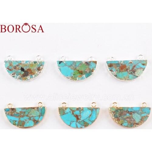 BOROSA 5PCS Half Round Shape Copper Natural Turquoises Gold&Sliver Color Connector Double Charms Beads for Necklace G1689 S1689