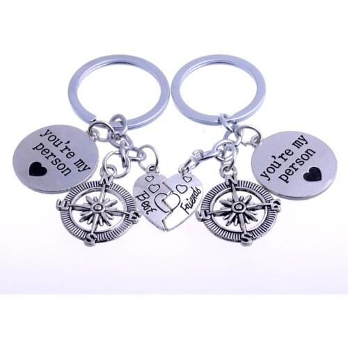 2PC You're My Person Broken Heart Compass Charms Keychain Best Friends Keyring Friendship Jewelry BFF Women Men Key Chain Gifts
