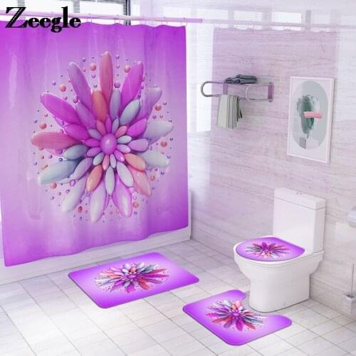 Flower Printing Bath Mat Microfiber Shower Curtain Bathroom Carpet Set Absorbent Rug Suit Anti Slip Mats for Bathroom