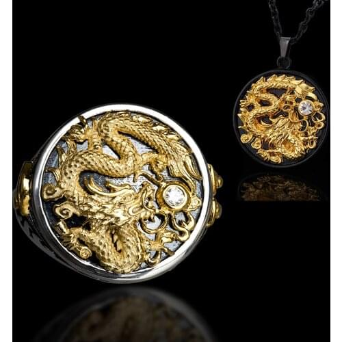 FDLK Vintage Black Gold Dragon Carved CZ Pendant Necklace Ring Set For Men Gothic Punk Rock Biker Copper Jewelry Gift