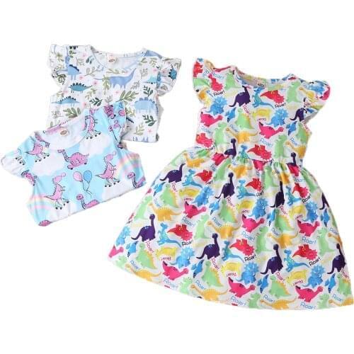 FOCUSNORM Children Girls Summer Dress 3 Style Cartoon Dinosaur Print O-Neck Ruffle Sleeves Casual A-Line Dress 1-6Y