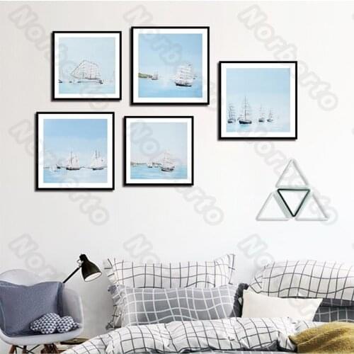 Nordic Style Canvas Painting Wall Poster Minimalist Sea Scenery with White Sailboat Along Houses Sunset for Home Room Decoration