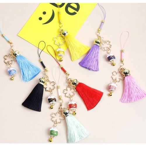 Creative Ceramics Lucky Cat Cherry Blossoms Tassel Keychain Key Holder Backpack Schoolbag Mobile Phone Hanging Accessories Gifts