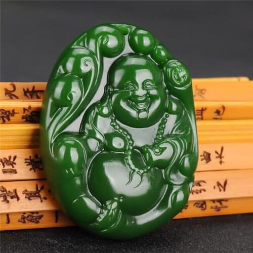 Natural Green Hand-carved Jade Buddha Pendant Jewelry Necklace Female Jade Buddha Pendant Laughing Buddha Maitreya Jade Pendant