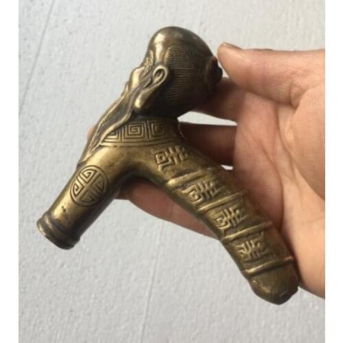 Brass CHINESE crafts Asian Chinese Old Hand Bronze Carved Buddha Sage Statue Walking SticK Head