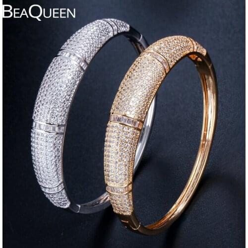 BeaQueen Dubai Indian Bridal Wedding Jewelry Micro Paved Cubic Zirconia African Gold Color Circle Open Bangles for Women B091
