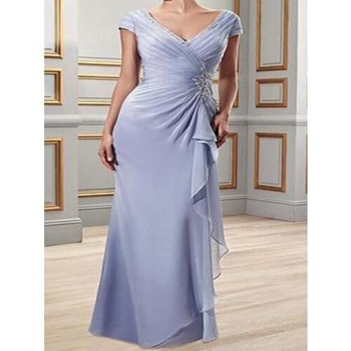Gentle lilac V-neck beaded chiffon long bride mothers clothes skinny dress grooms mother for wedding dress