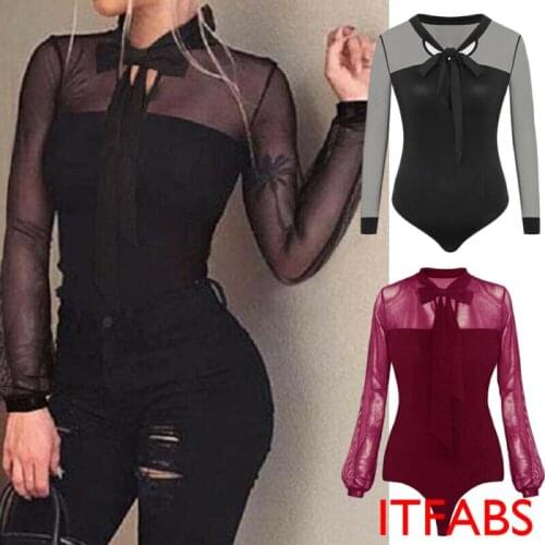 New 2019 Summer Bodysuit Women Sexy Bow Black Mock Neck Patchwork Long Sleeve Back Ladies Lace Mesh Bodysuit Transparent Tops