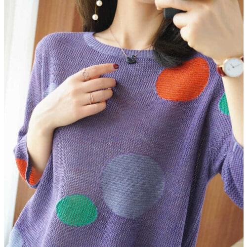 New Top Womens Hollow Polka-Dot Sweater Fashion Loose Five-Point Sleeve Spring And Summer Hedging Thin Sun Protection Clothing