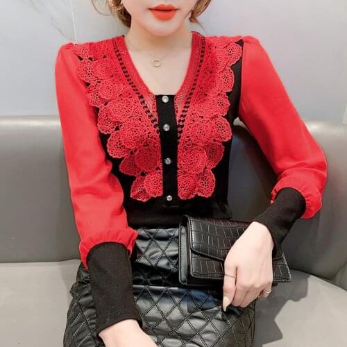 New 2021 Spring Women Tops And Shirt Sexy V-neck Lace Shirt Elegant Slim Long Sleeve T-Shirt Plus Size Office Lady Shirt Blusas
