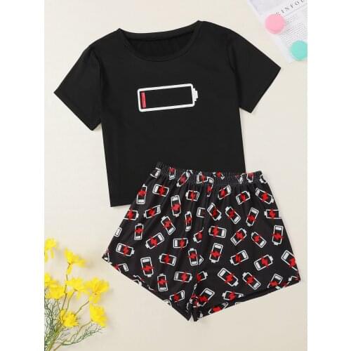New Style Womens Cute Cartoon Battery Low Short Sleeve T Shirts & Shorts Pajama Set Summer Comfortable Sleepwear Home Suits