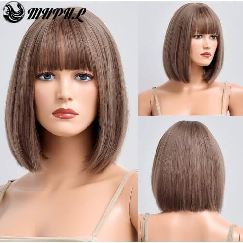 Short Brown Straight Colored Wigs With Bangs Synthetic Natural Wig For Women Daily Fiber Heat Resistant Cosplay Female Hair Wig