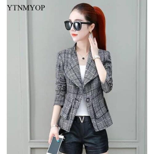 Plaid Blazer Women Slim Fashion Spring Suit One Button Pockets Autumn Clothing Outerwear Office Lady Jacket Coat YTNMYOP