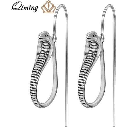QIMING Africa Cobra Snake Earrings For Women Indian Punk Vintage jewelry Silver Dangle Drop Earrings Cool Gift