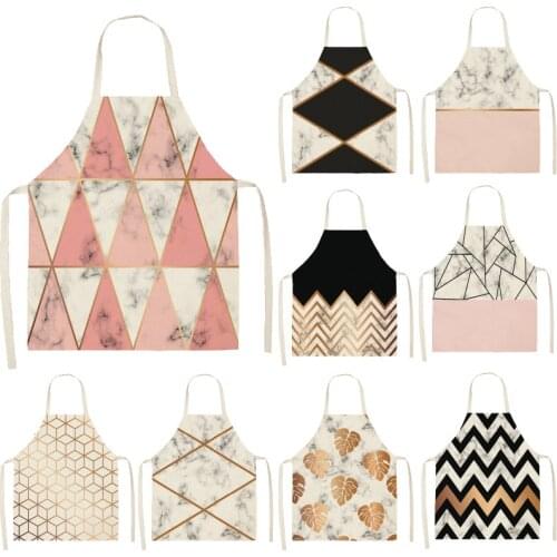 Pink Golden Marble Geometric Pattern Cotton Linen Apron Kitchen Waist Bib Women Home Cooking Baking Pinafore 53*65cm WQL0150