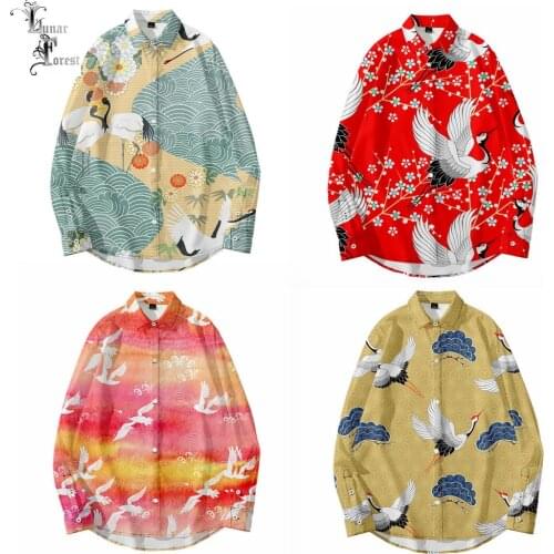 Japanese Crane Ukiyo-E Style 3D Printing Unisex Shirt Women/Men Casual Long Sleeve Cool Loose Button Streetwear Overclothes 6XL