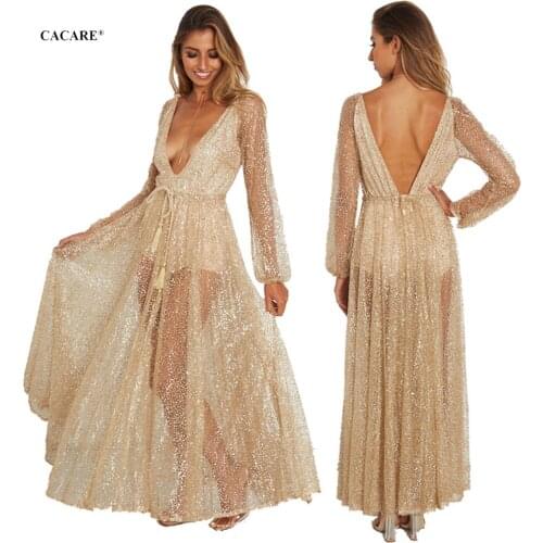 Sexy Sequined Long Dress Women 2021 Long Mesh Sleeve Shinny Maxi Dresses Boho Parties F0054 Deep V Neck Big Sheer Hem Backless