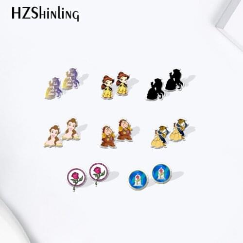 Princess belle the beauty and beast Pattern Acrylic Stud Earrings Cartoon Resin Epoxy Jewelry for girls