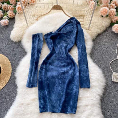 SINGREINY Women Fashion Korean Dress Design Diagonal-Collar Long Sleeve Slim Dress Autumn Sexy Off Shoulder Streetwear Sundress