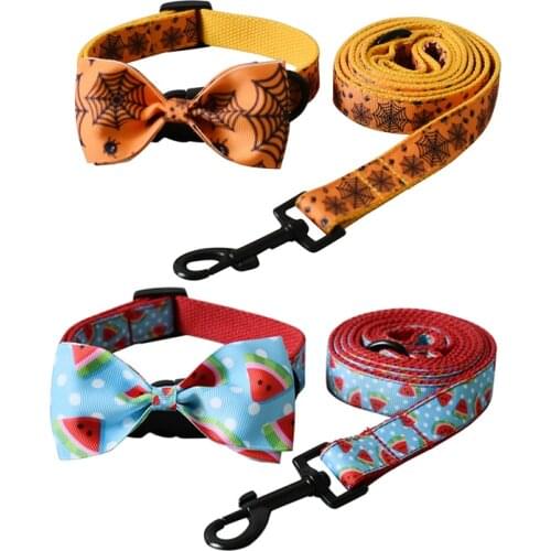 Dog collar with bow tie for small medium dogs Halloween pet traction rope free engrave ID name cat puppy necklace straps leash