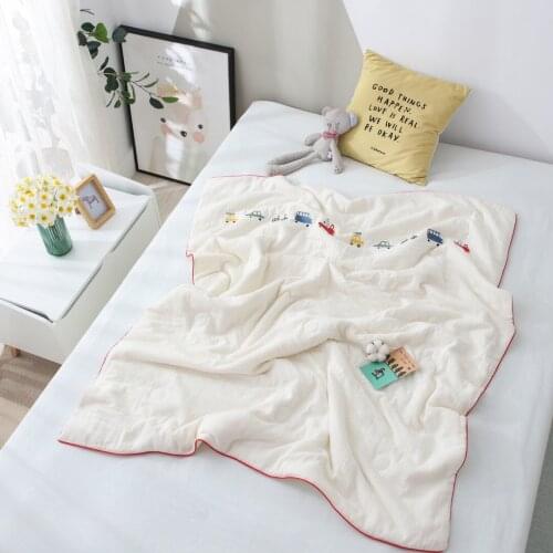 Embroidery Super Soft Cotton Muslin Kids Blanket, Embroidered Cars Fluffy Baby Quilt With Filler, Luxury Baby Receiving Blanket