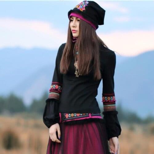 Japanese style Mori girls gothic vintage black turtleneck lantern sleeve pullovers autumn winter spring ethnic boho shirt AF540