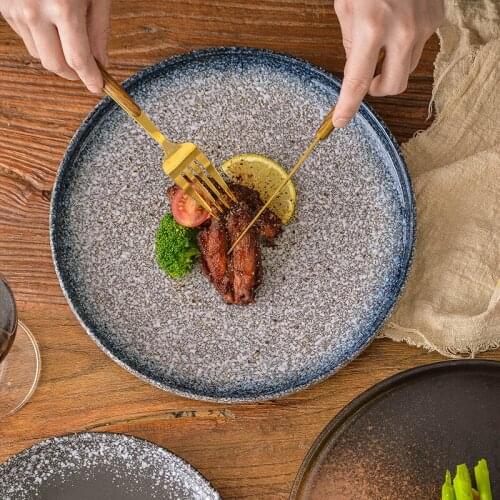 Japanese Steak Plate Ceramic Western Plate Flat Plate Household Simple Retro Plate Dessert Cake Plate Restaurant Hotel Tableware
