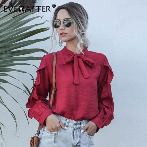 EVERAFTER Women tops blouses doll collar long sleeve elegant ruffles red blouse shirts chiffon blouse casual female busas camisa