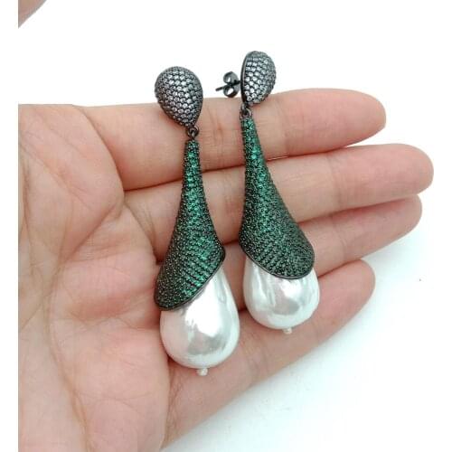 YYGEM Sea Shell Pearl Green cubic zirconia micro Pave trumpet flower Gunmetal color plated Stud Earrings for women