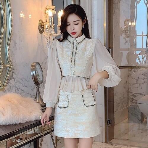 Autumn Womens Two-piece Elegant Chiffon Tweed Stitching Lantern Sleeve Top + Retro Mini Skirt Conjuntos De Vestido