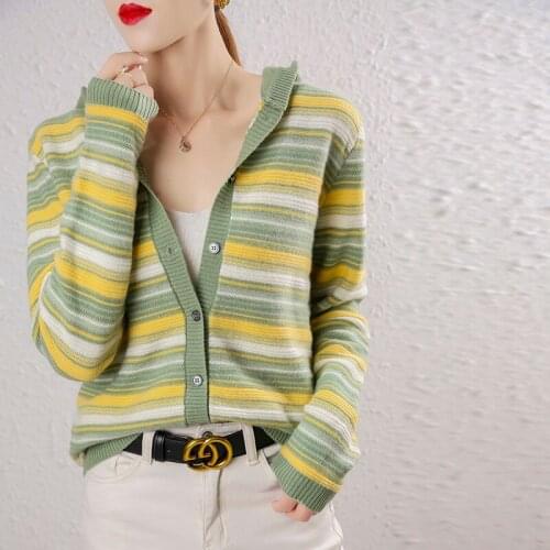Womens knitted cardigan loose and thin striped 100% wool knitted hoodie 2021 spring and autumn new knitted jacket casual top