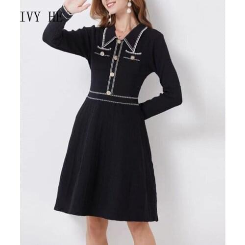 IVY HE High Quality Autumn Winter Dress Woman Clothing Fashion Elegance Turn Down Collar Long Sleeve Knitting Midi Long Dresses