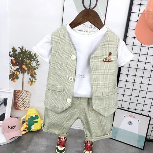 Boys Vest Suit Set 2021 Summer Childrens Short-sleeved Plaid Vest Shorts Outfits Kids Host Performance Costume
