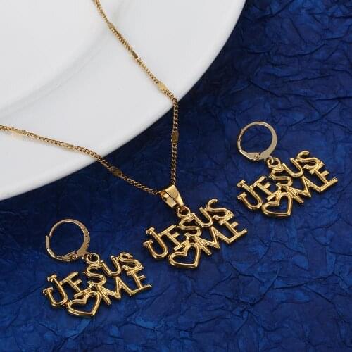 Gold Color Jesus Heart Necklace Earrings Christ Savior Redeemer Christ Religious Jewelry Sets