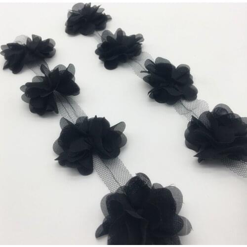 13pcs/yard 3D Black Chiffon Cluster Flowers Wedding Dress Bridal Fabric Lace Trim Fabric DIY Sewing