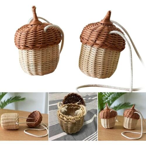 2021 New Acorn Shape Storage Basket Handwoven Round Rattan Bag Bucket Tropical Beach Style Woven Shoulder Bag Photo Props