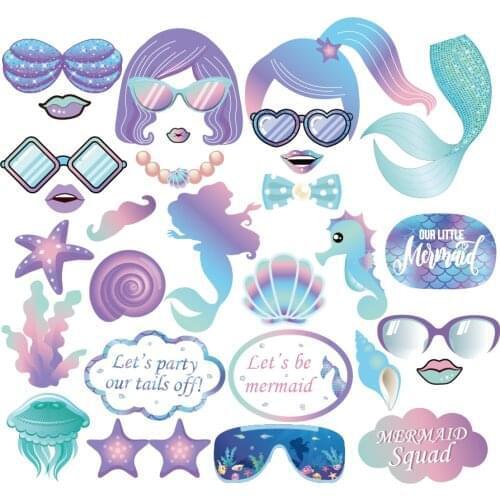 30pcs Lets Be Mermaid Photobooth Props Kids Party Decorations Happy Birthday Baby Shower Photobooth Props Party Supplies