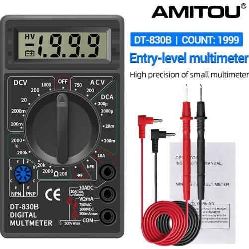 AMITOU DT830B Digital Multimeter AC/DC LCD Mini Voltmeter Ammeter Ohm Tester 750/1000V High Safety Handheld Meter With Probe