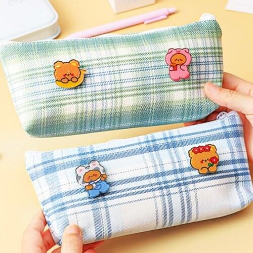 Zipper Pencil Case Pocket Canvas Check Pattern Handy Pen Holder Bag Large Capacity for Makeup Brush Stationery Pencil Bag H-best
