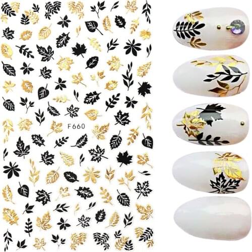 1pcs Black Laser Gold Autumn Leaf 3D Nail Sticker Coconut Tree Leaf Pattern Adhesive Transfer Sticker Shiny DIY Nail Decoration