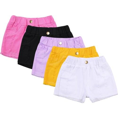 Citgeett Summer Solid Kids Girls Denim Shorts High Elastic Waist Ripped Jeans Short Pants Clothes 2-8Years